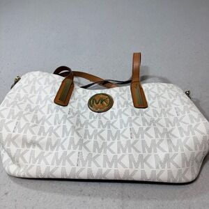 Michael Kors MK Signature Satchel – White/Vanilla‎ Logo, Top-Handle Tote Purse